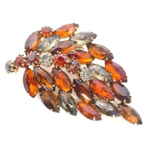 HIGH END LARGE VINTAGE TOPAZ & BLACK DIAMOND RHINESTONE FLORAL LEAF BROOCH PIN